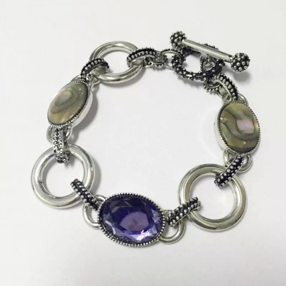 Lia Sophia Silver Tone Abalone & Purple Glass Toggle Bracelet NWOT 7.5"